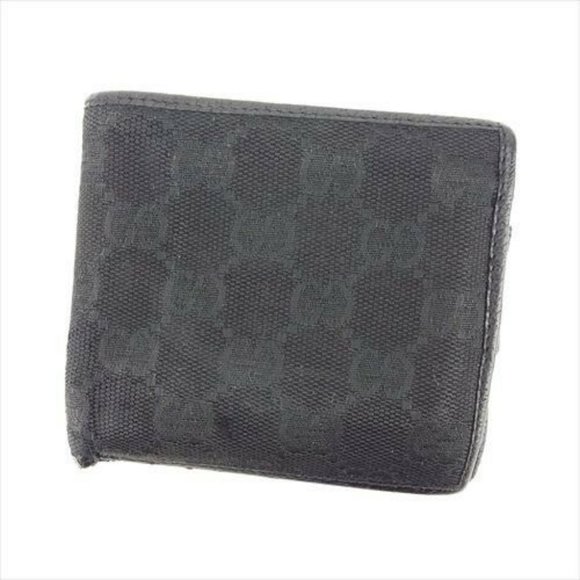 Gucci Wallet Purse Bifold GG Black Canvas Leather Mens Authentic Used L2592 - Picture 1 of 9